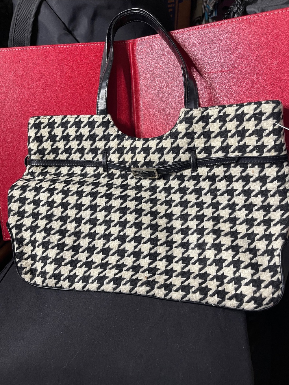Black & White Houndstooth Tote with Black Trim